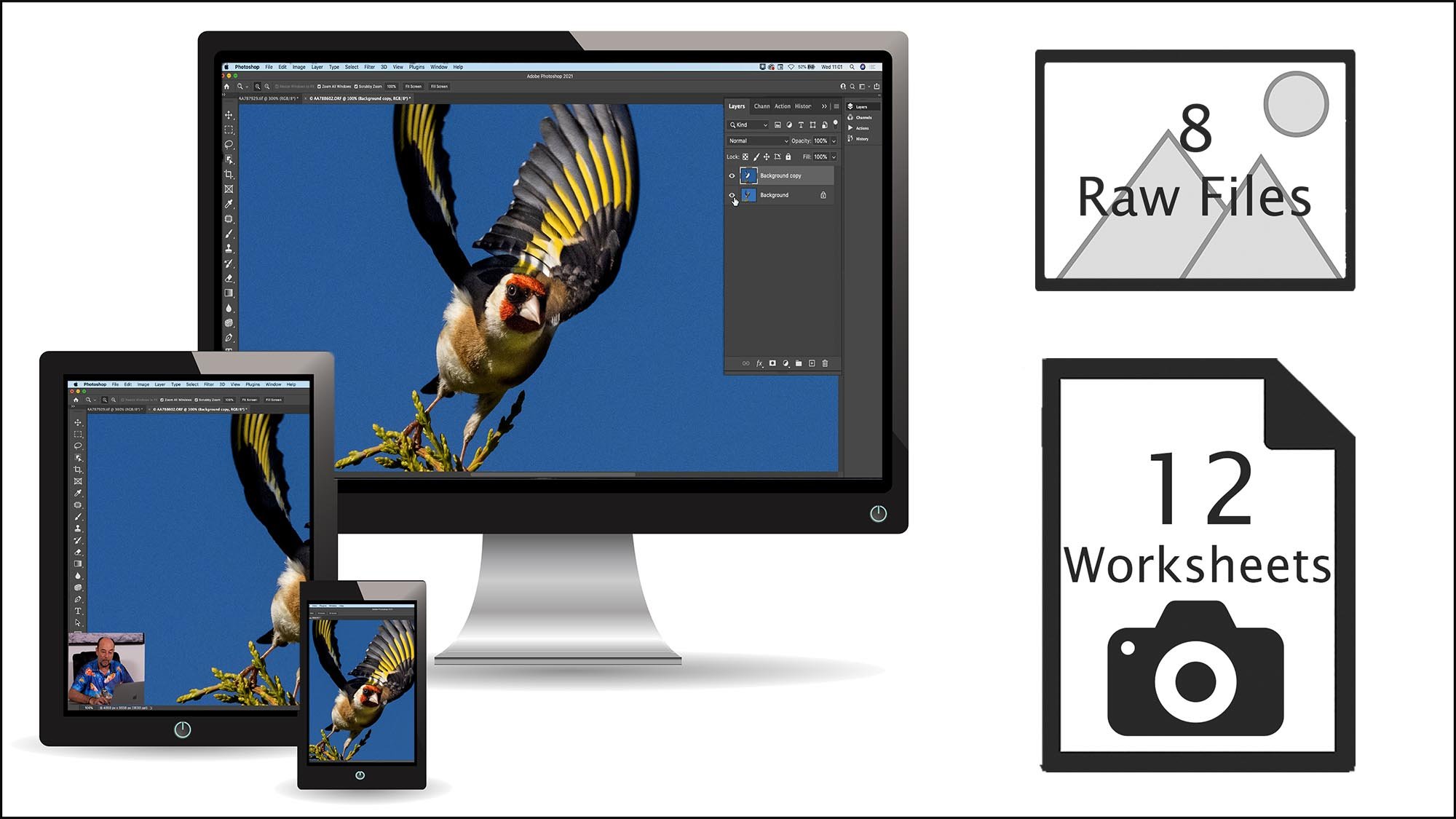 Computer and phone screens showing course content