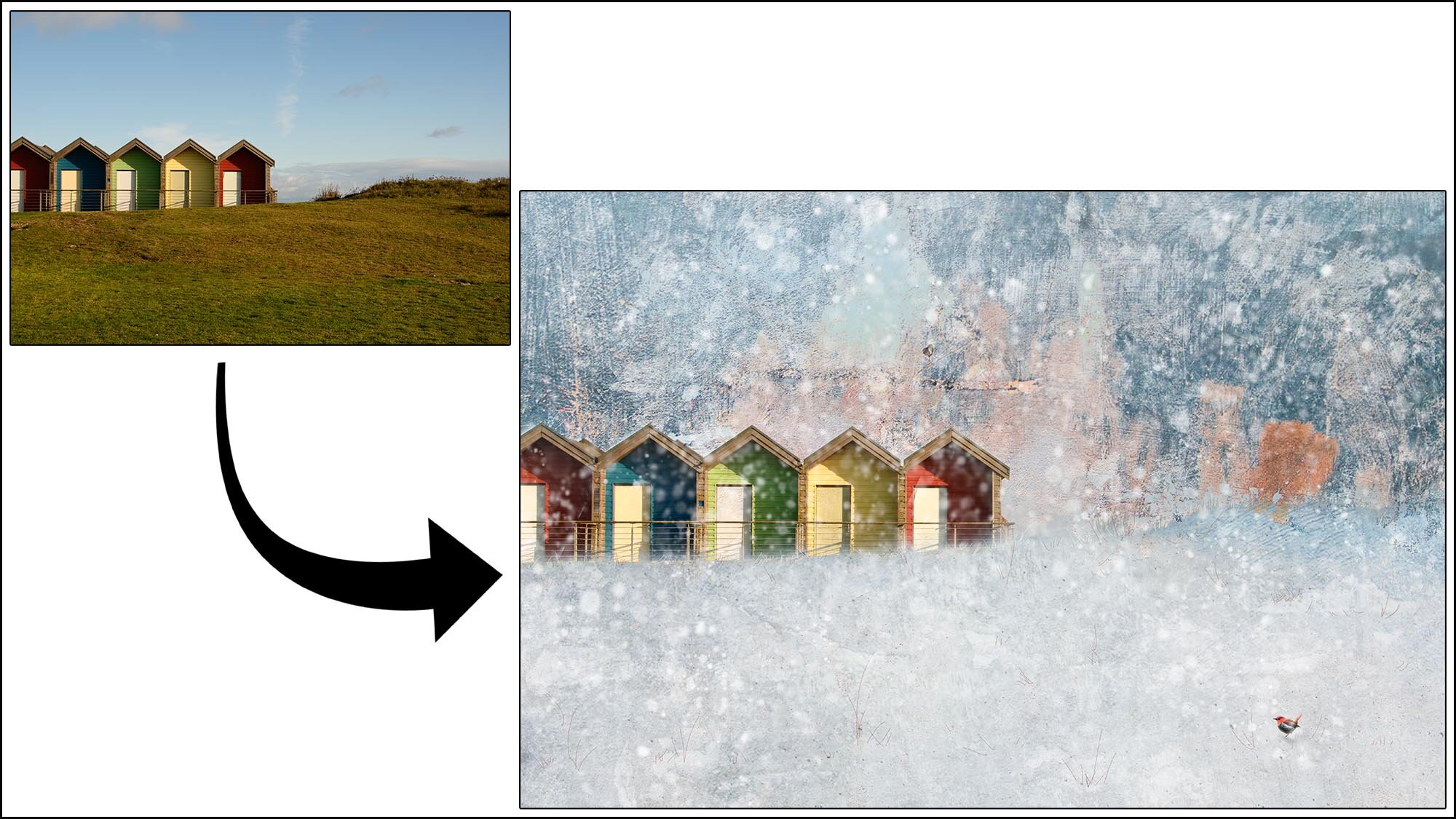 Fine Art version of beach huts in the snow
