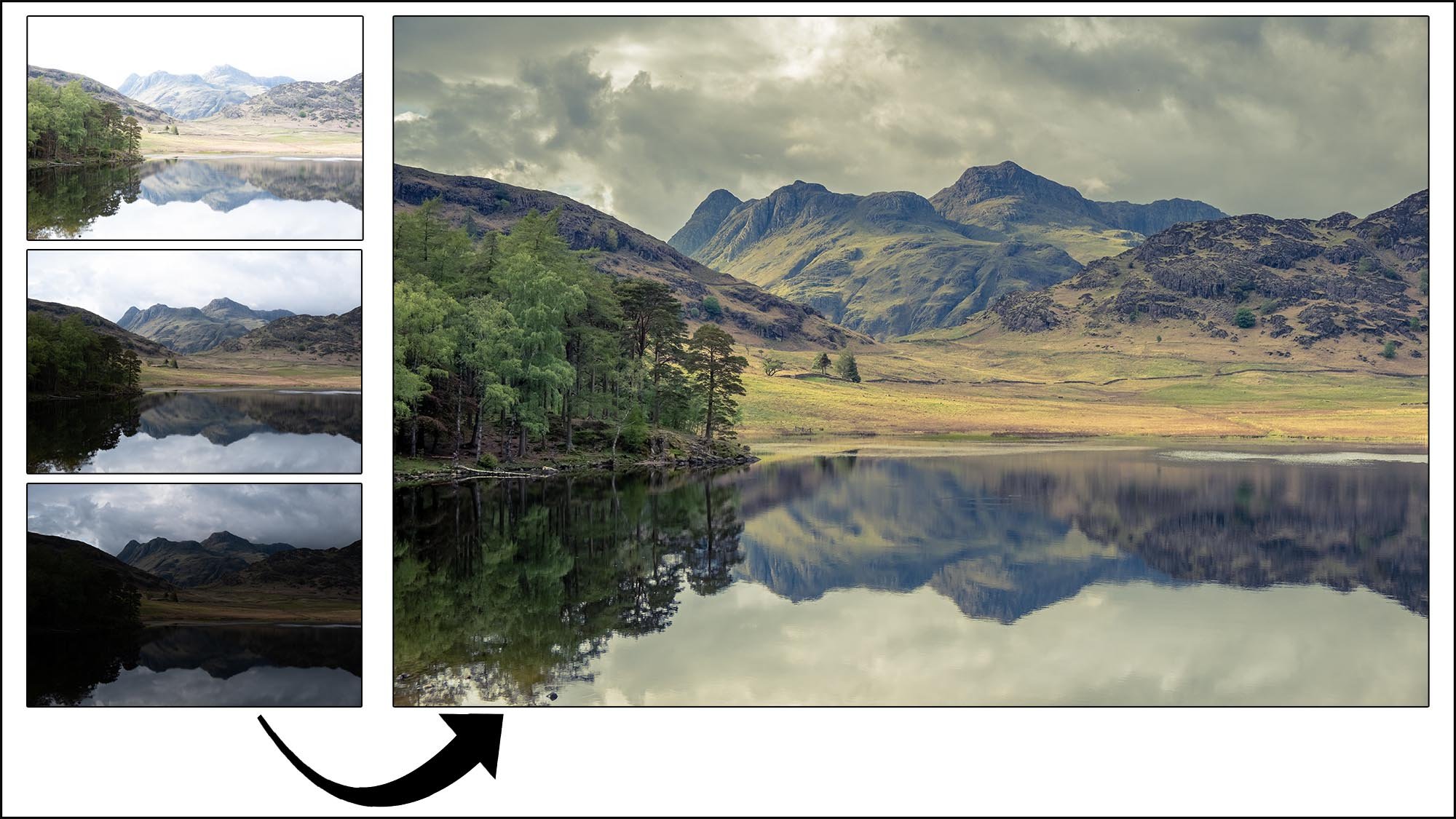 Lake with mountains showing example a HDR merging in lightroom