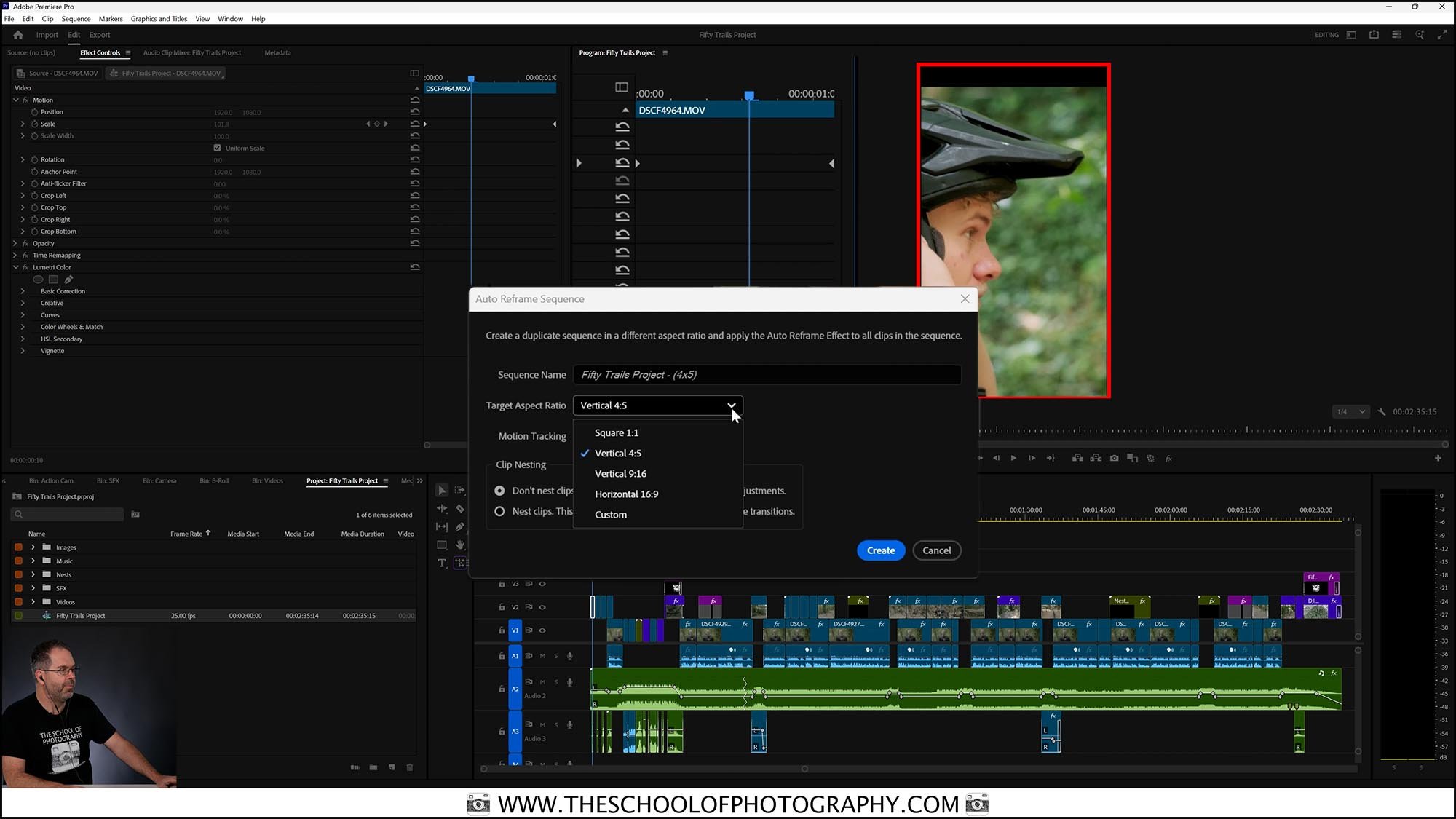 Adobe Premiere Pro auto reframe sequence window showing vertical 4:5 and 9:16 aspect ratio options for creating social media video content
