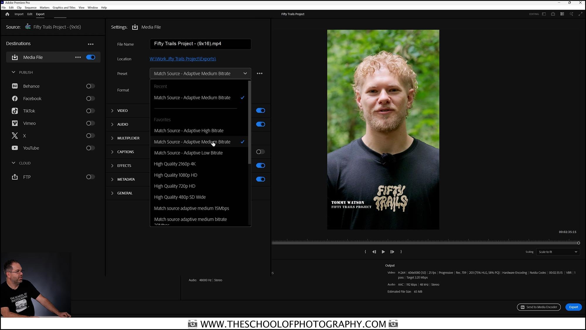 Adobe Premiere Pro export settings window showing preset options and vertical 9:16 video preview during a videography course exporting lesson