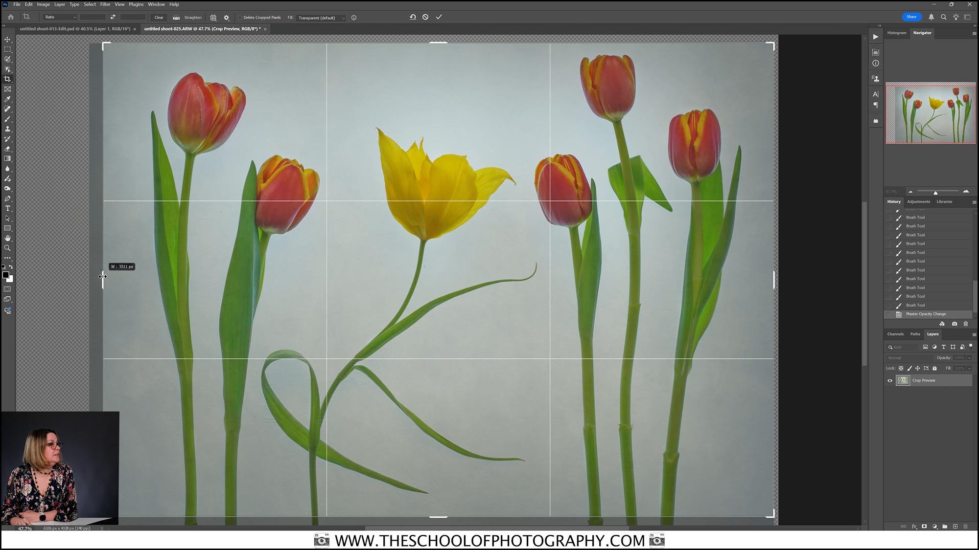 Screenshot of Photoshop editing software displaying several red and yellow tulips, with a presenter in the bottom left corner.