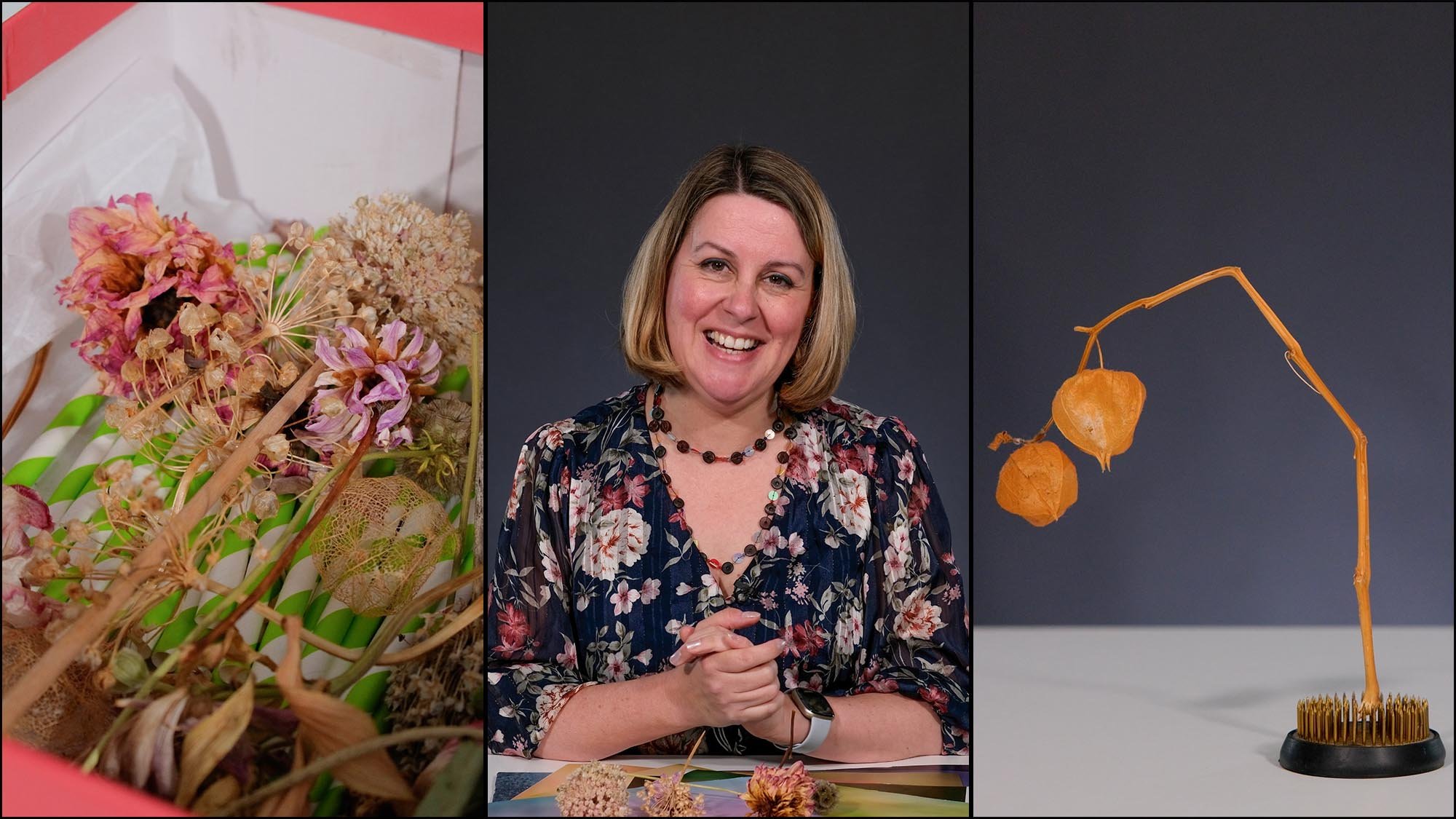 3 segment image showing dryed flowers, Molly Hollman and flower holder.