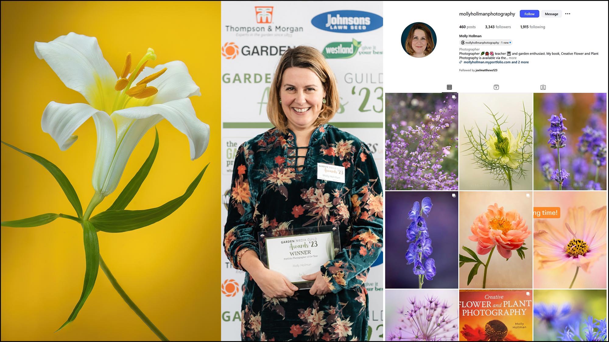 Flower and plant photography instructor Molly Hollman with award recognition alongside floral images and portfolio highlights