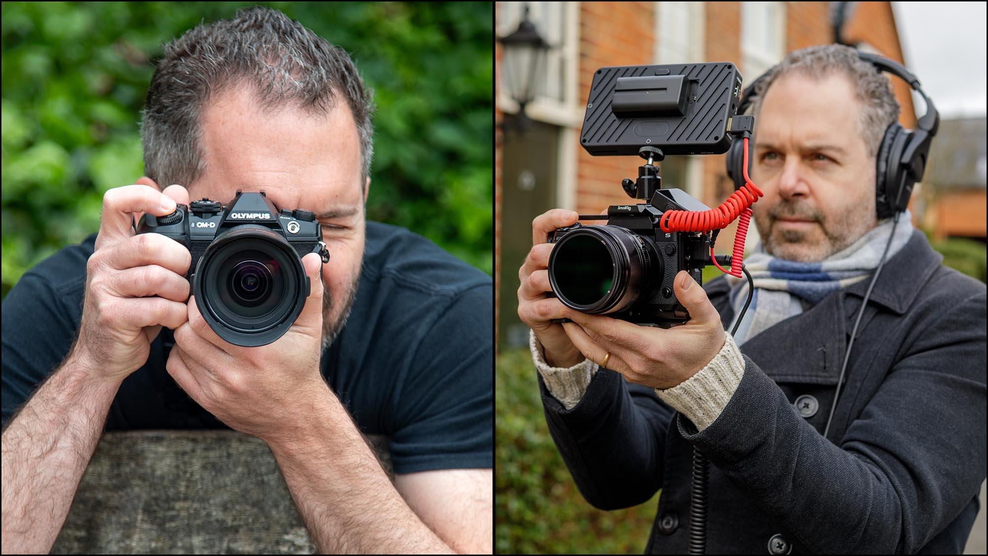 Side-by-side comparison of photography and videography setup showing a photographer with a camera and a videographer using a camera with external monitor and microphone
