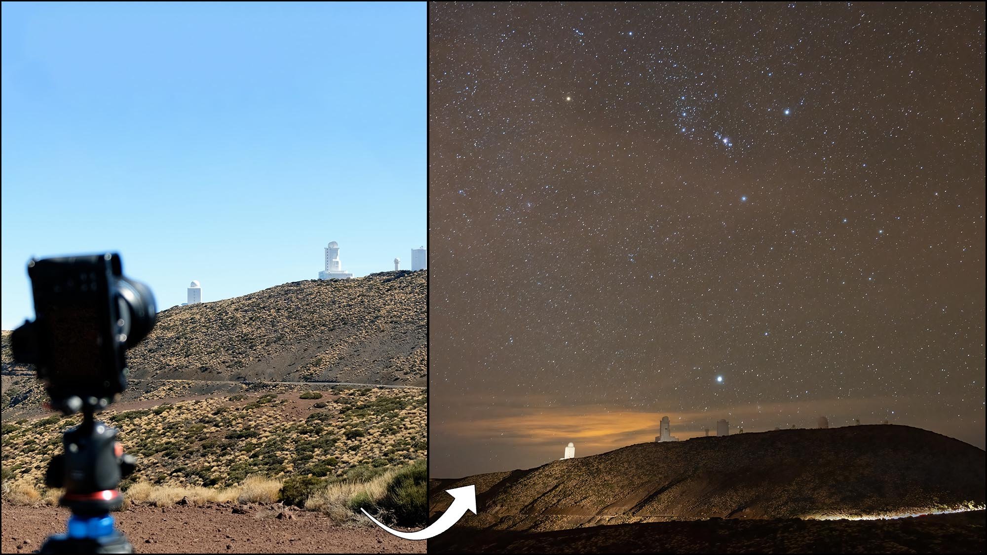 Camera taking picture of hills and stars