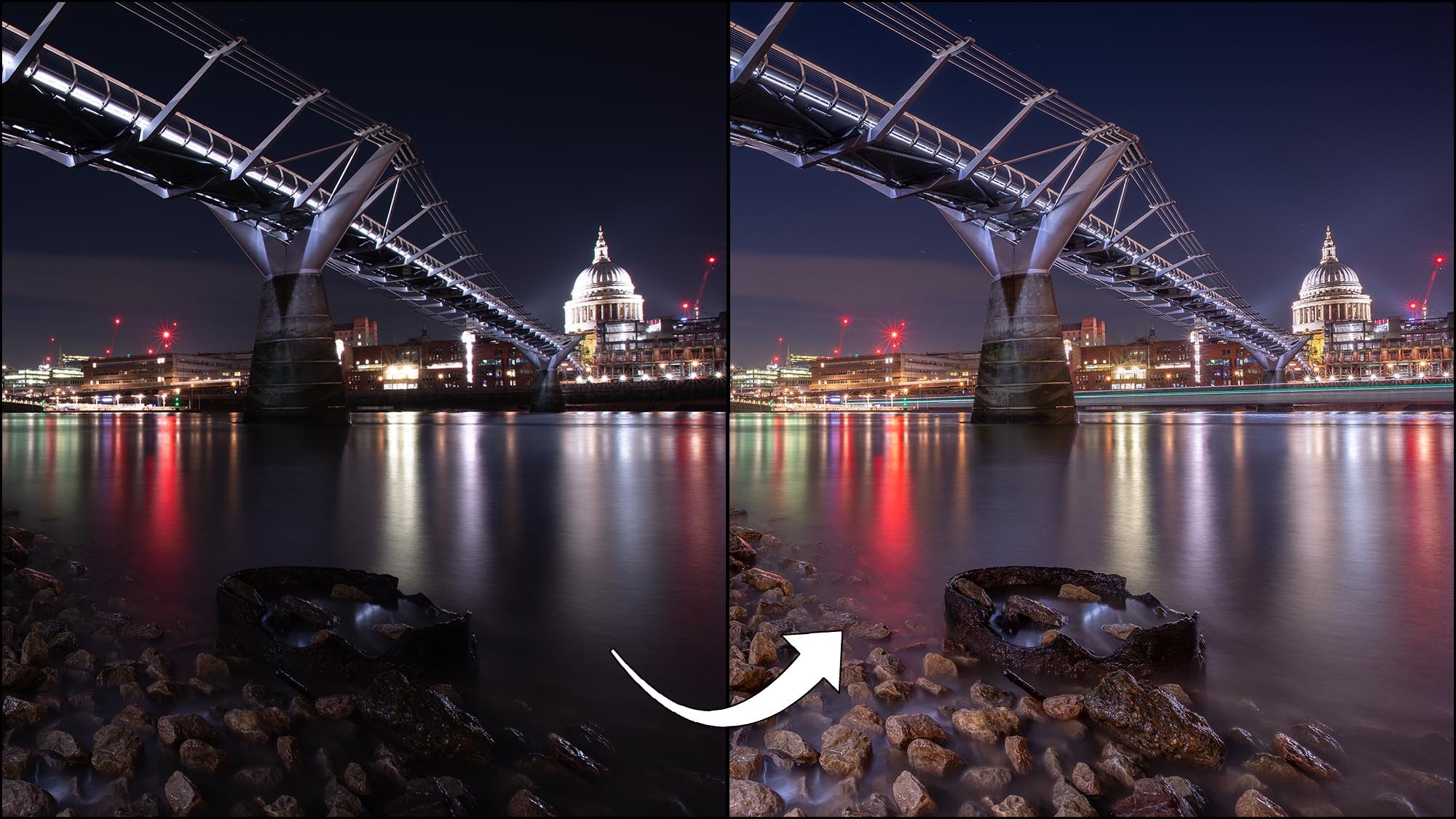 Image of Millennium bridge before and after being edited