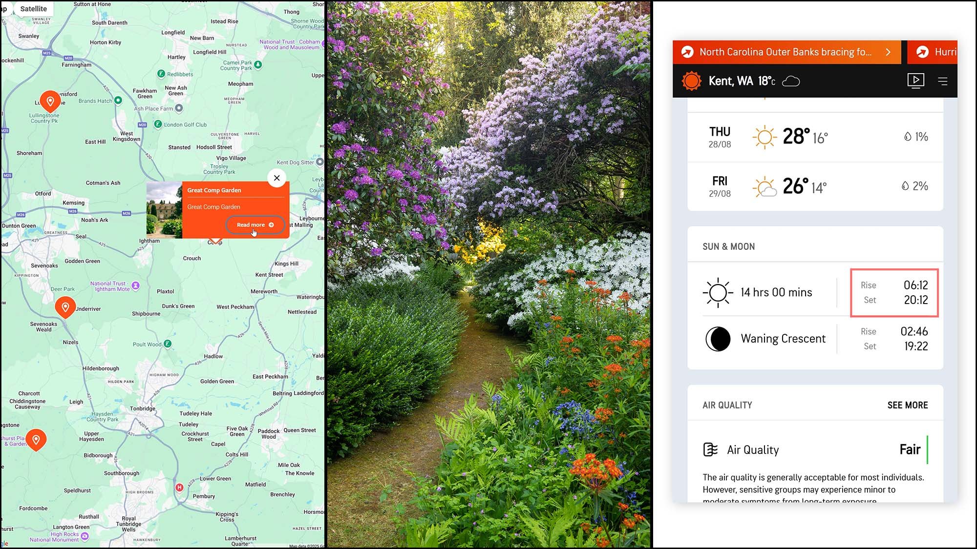3 segment image showing map, garden in bloom and weather app