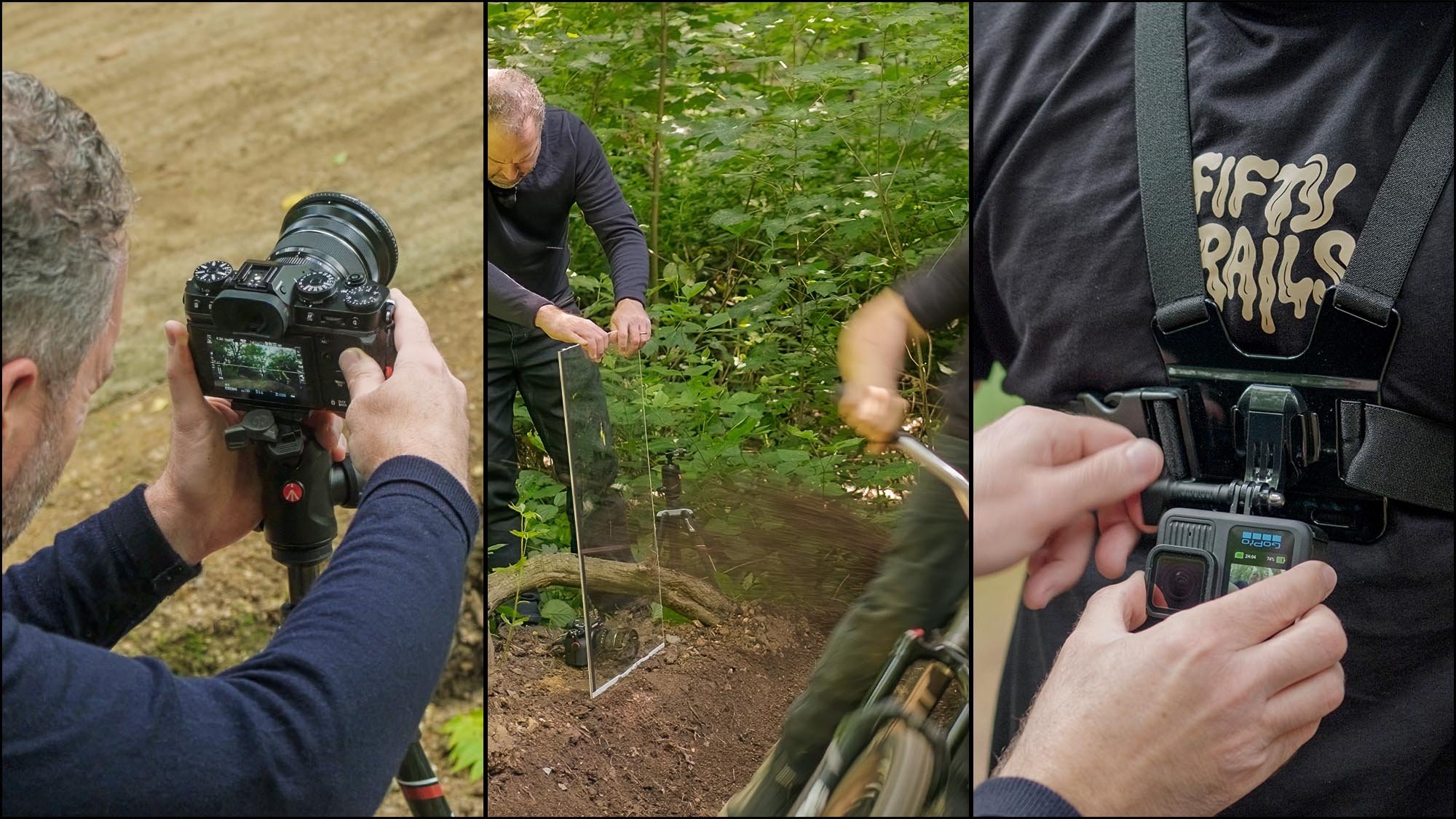Videography student filming outdoor action scenes, adjusting camera settings, using reflectors and mounting an action camera during a video content creation lesson