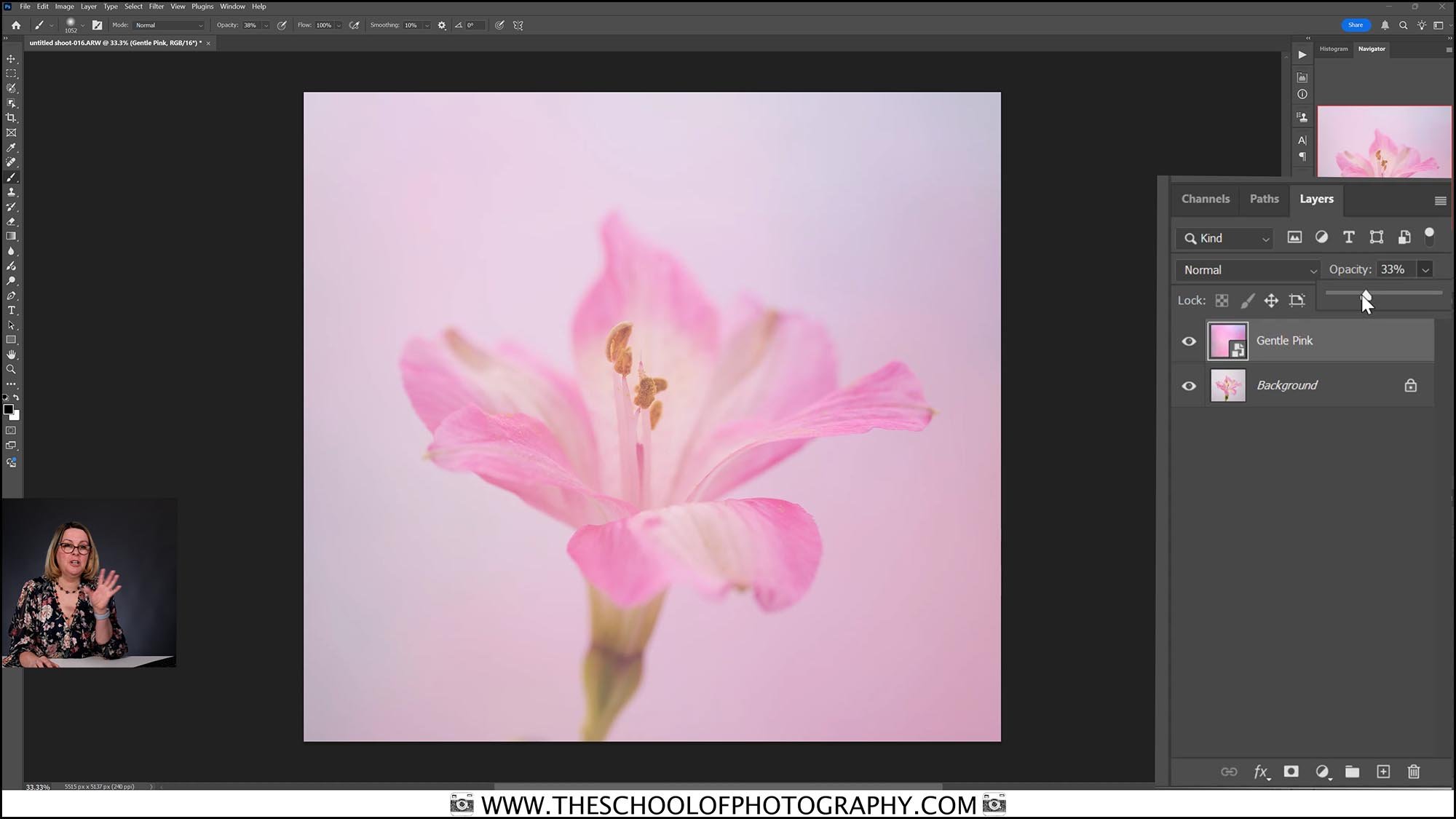 Screenshot from the Photoshop edit, showing a pink lily being edited with the layers panel open