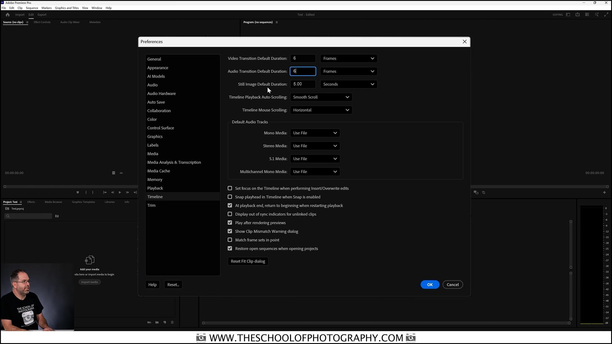 Adobe Premiere Pro preferences window showing timeline and transition settings during a videography editing software setup lesson