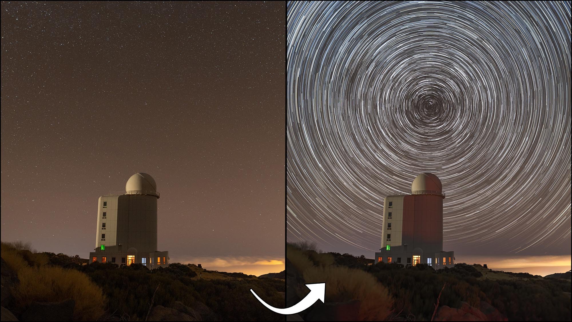 Observatory with star trail above before and after edit