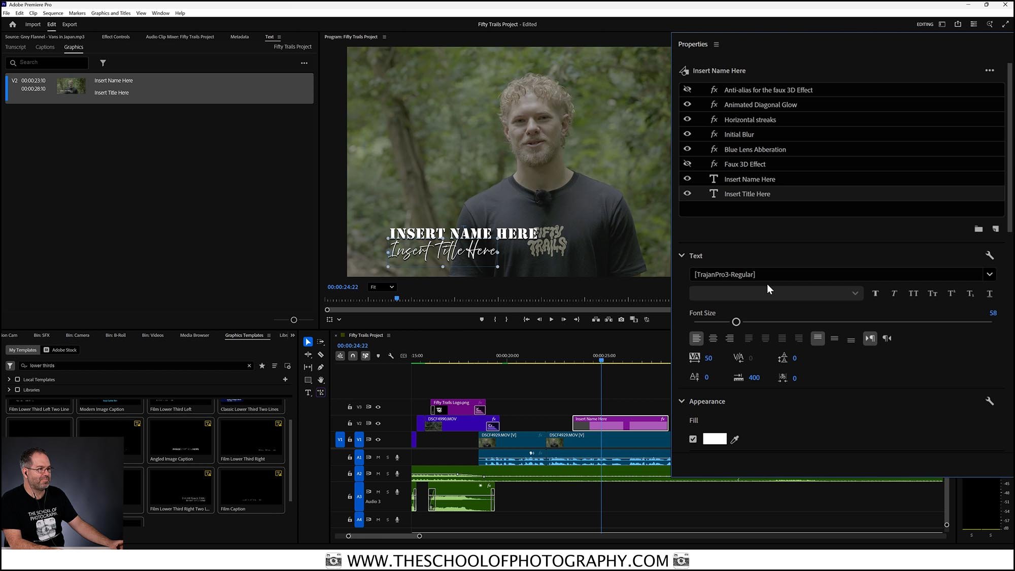 Adobe Premiere Pro editing workspace showing timeline, lower third text graphics and video preview during a videography course editing lesson