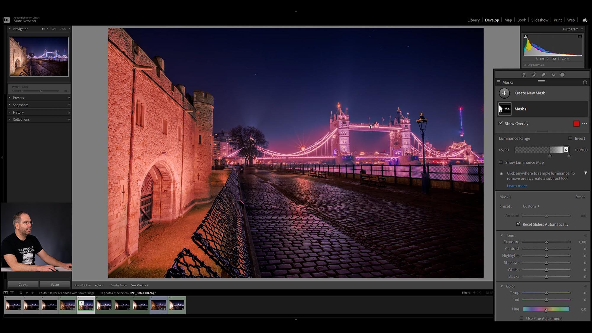 screen shot showing adobe Lightroom editing an image of tower bridge