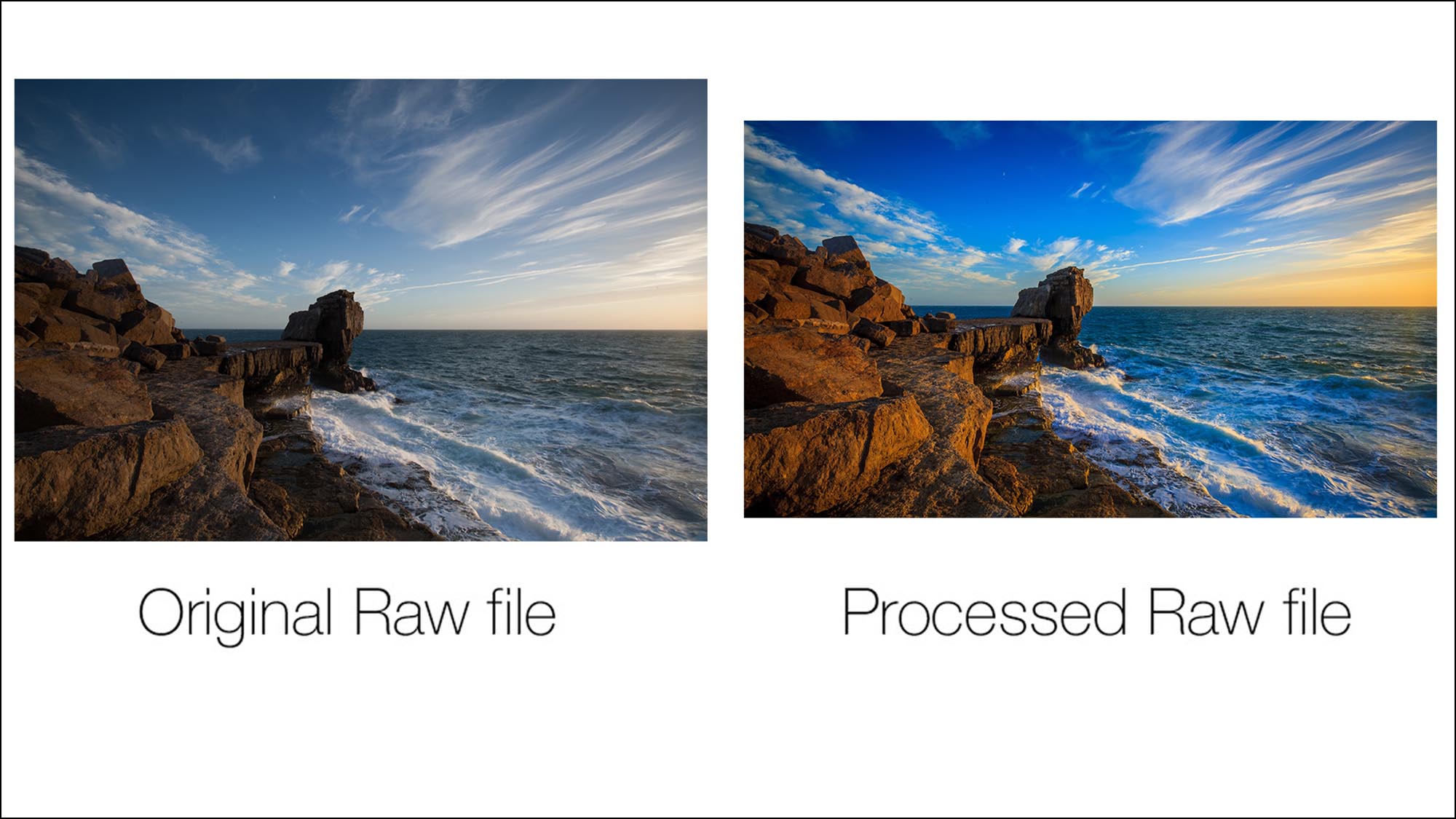 Side by side comparison of original and processed RAW landscape photo files