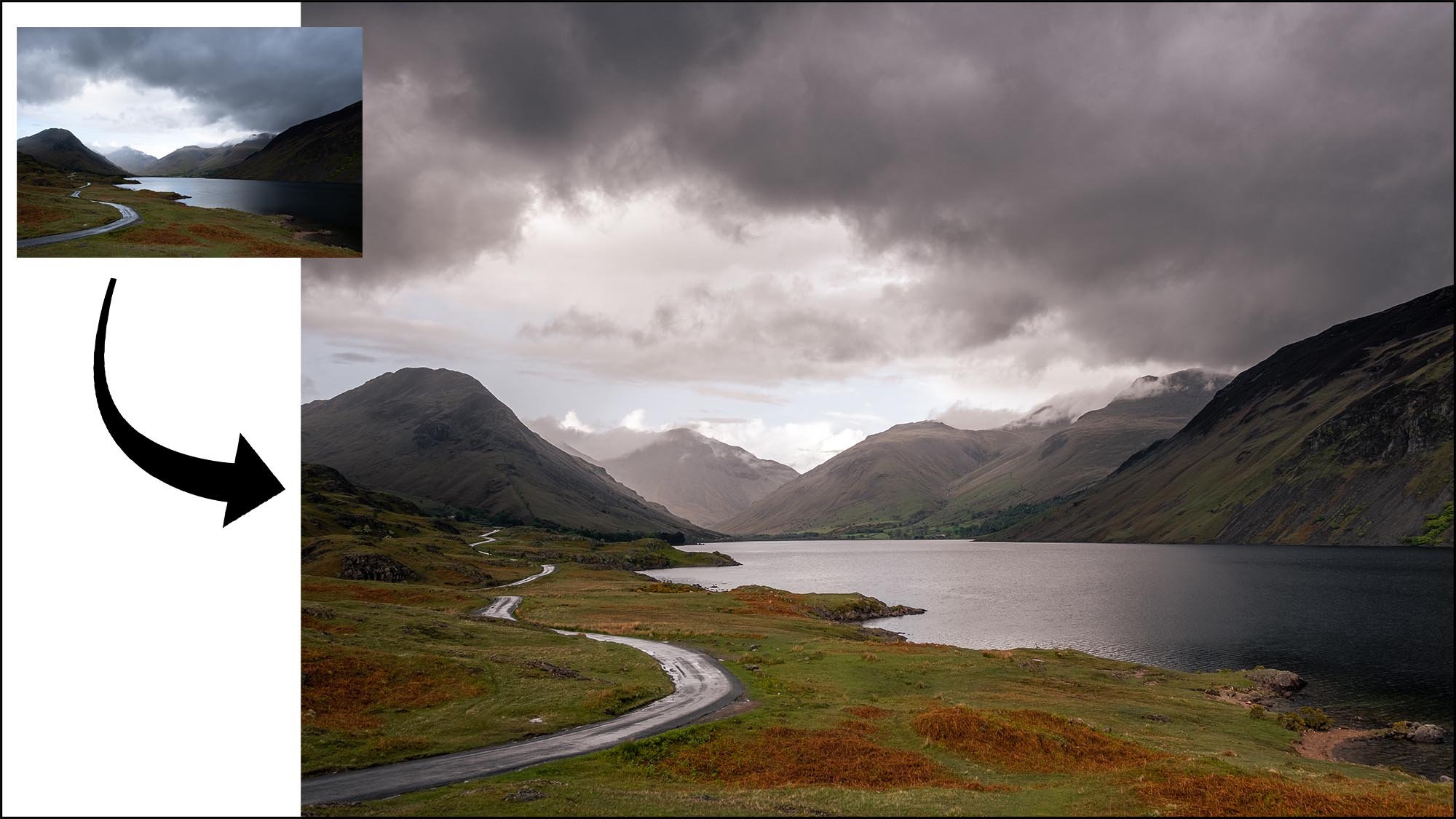 Road with mountians and lake, processed in Adobe lightroom
