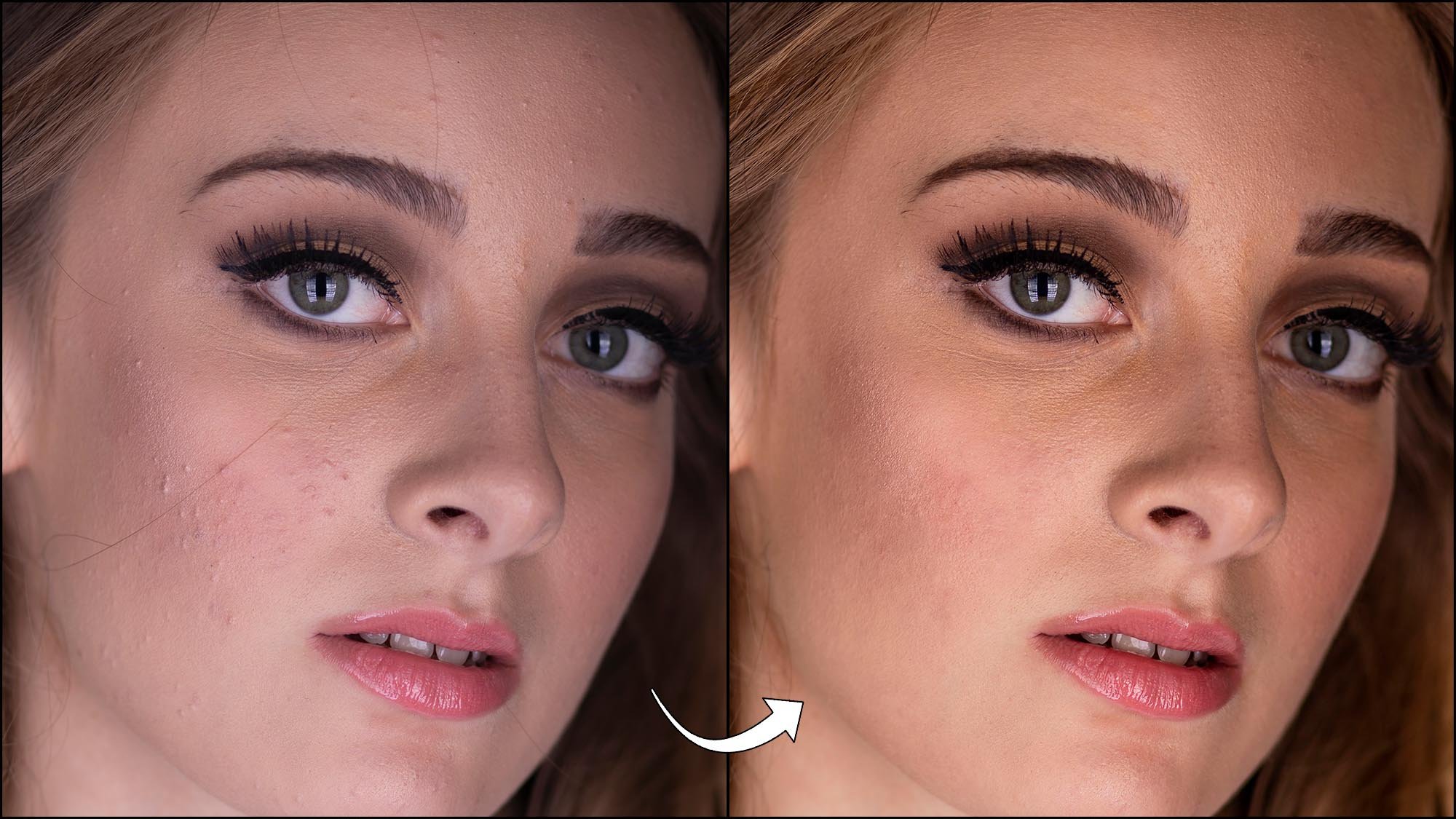 Woman face, before and after skin retouch in Photoshop