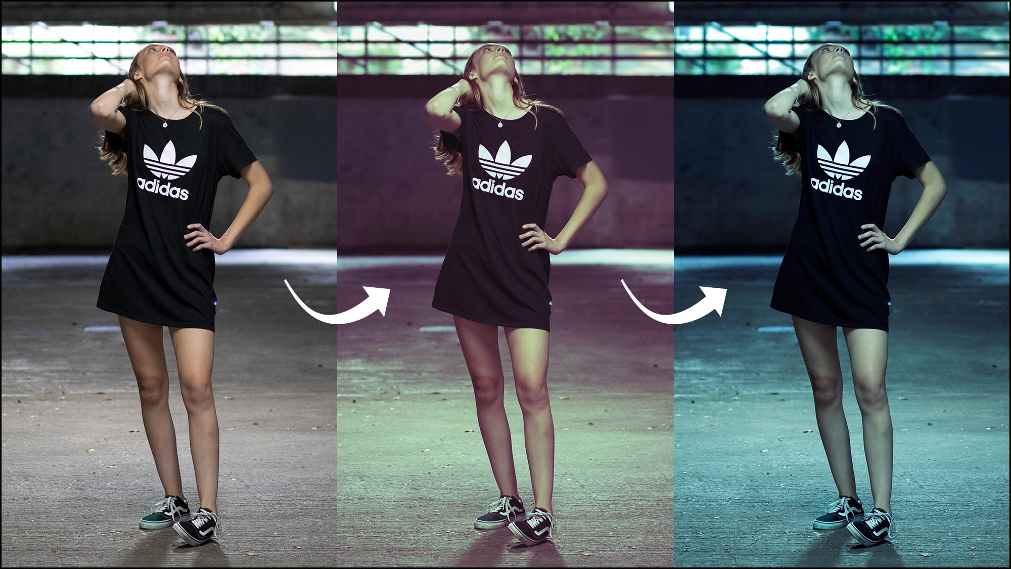 3 versions of female portrait using adjustment layers in Photoshop