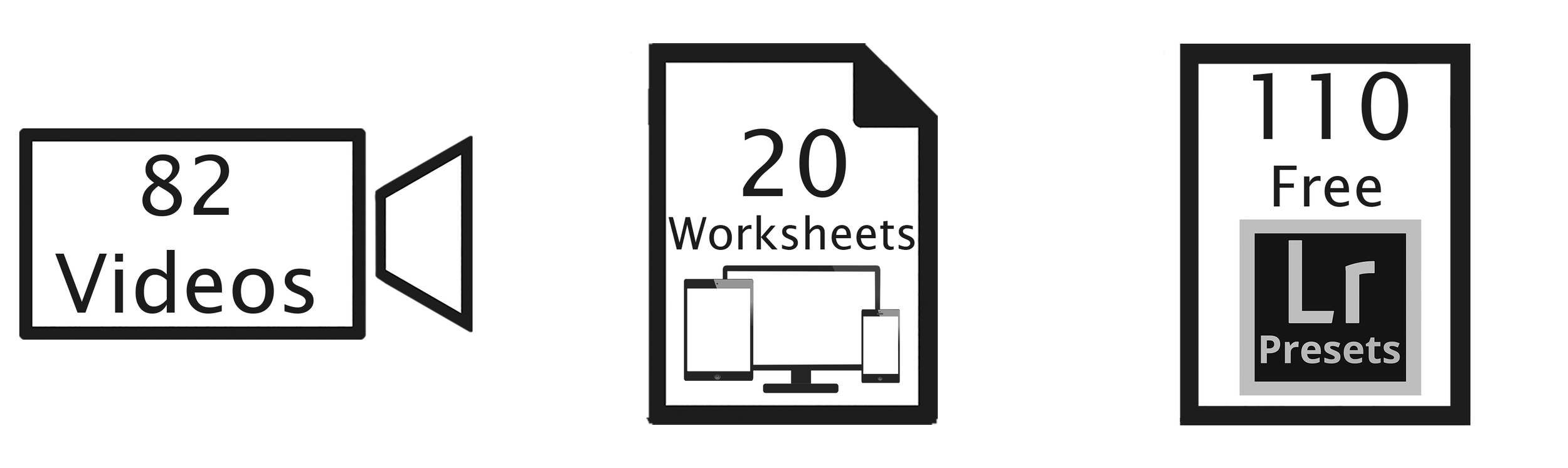 Lightroom course graphic, videos, worksheets, presets