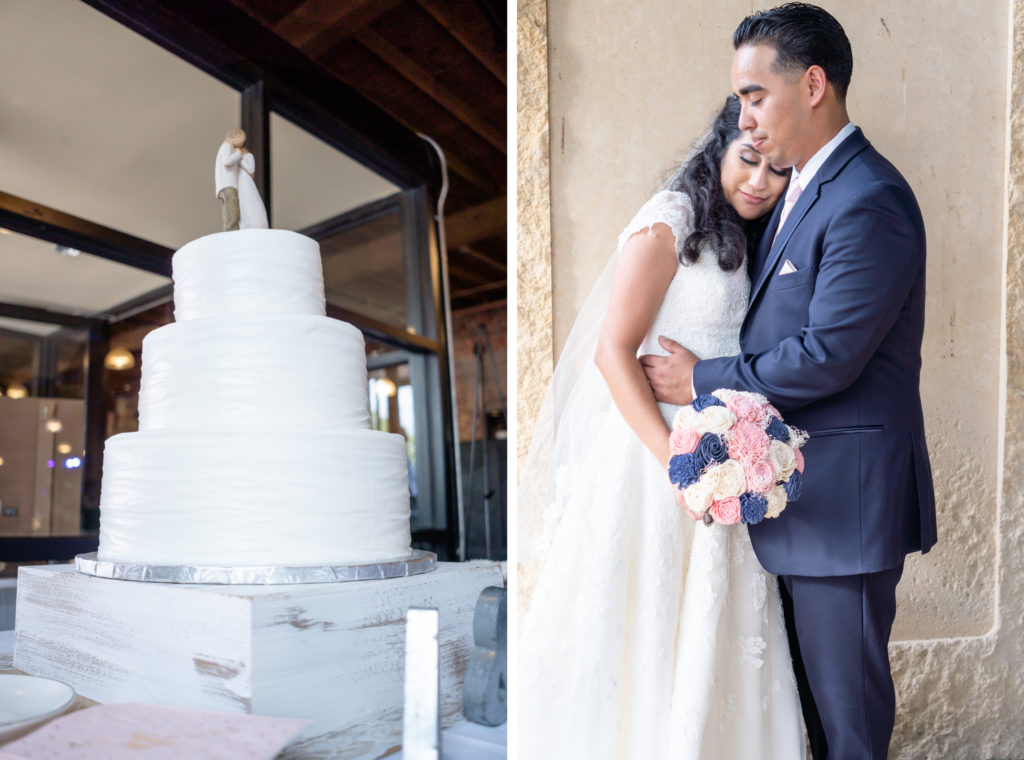 On left, three tiered wedding cake with Willow Tree couple as cake topper.  On right, Latino bride and groom snuggled together with eyes closed.