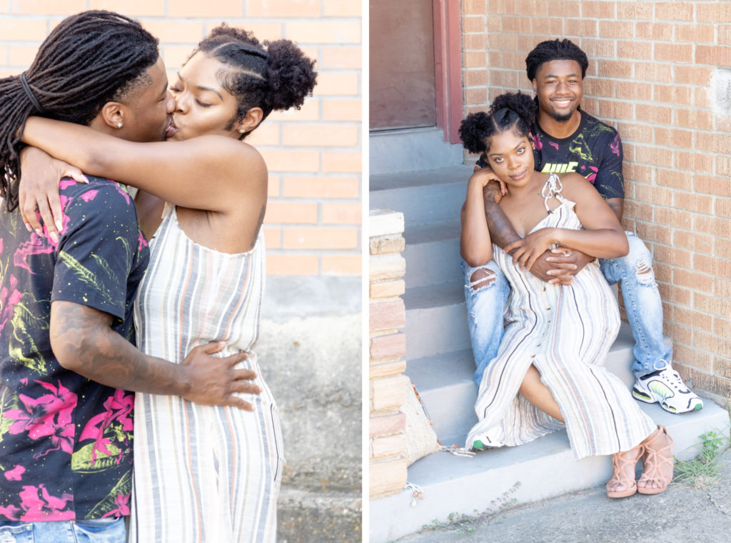 Two pictures of an African American couple. He's in a black Nike shirt with pink flowers. She's in a striped gray, white, and pink dress with her hair braided into pigtails. On the left, he the are wrapped around each other kissing. On the right, they're on stairs with him holding her in front of him. Dallas photographer