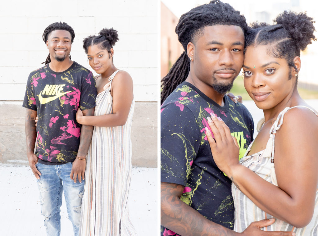 Two pictures of an African American couple. He's in a black Nike shirt with pink flowers. She's in a striped gray, white, and pink dress with her hair braided into pigtails. Slightly smiling. She's half behind him wither her arm tucked around his elbow. On the right, they're pressed up together, temples touching, with closed mouth smiles. Her hand is on his chest. Dallas photographer
