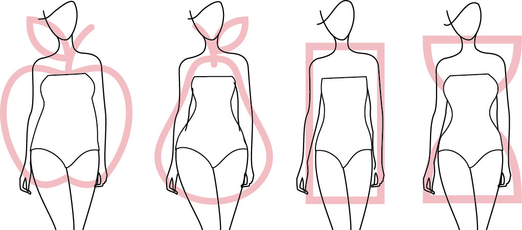 Illustration of the apple, pear, rectangle, and hourglass body shapes.